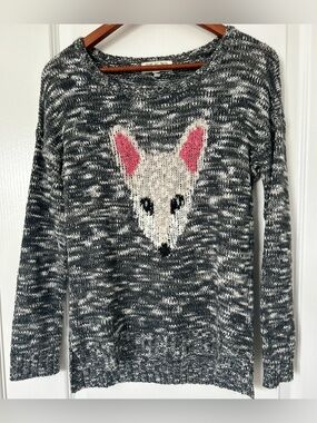 Pink Rose Women’s M Fox Sweater Gray Marled Knit Animal Graphic Slouchy Indie